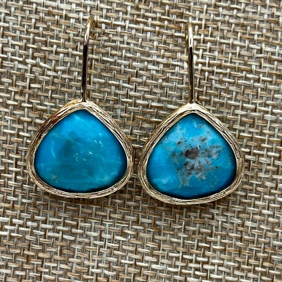 Blue Kingman Turquoise 18KT Yellow Gold Over Sterling Silver Earrings - Picture 1 of 13